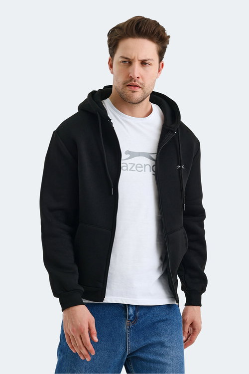 Slazenger CUDI I Erkek Fermuarlı Kapüşonlu Cepli Siyah Sweatshırt