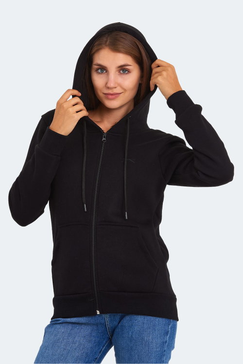 Slazenger KATYA Kadın Fermuarlı Kapüşonlu Cepli Siyah Sweatshırt