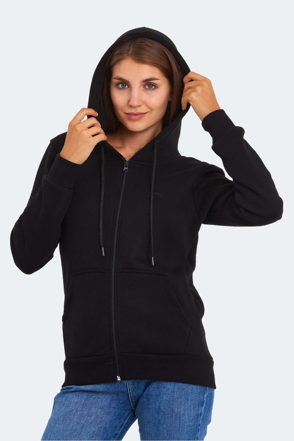 Slazenger KATYA Kadın Fermuarlı Kapüşonlu Cepli Siyah Sweatshırt