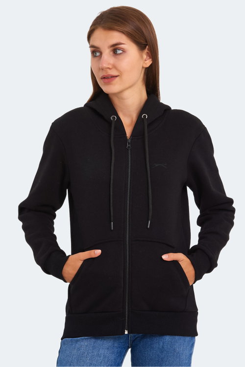 Slazenger KATYA Kadın Fermuarlı Kapüşonlu Cepli Siyah Sweatshırt