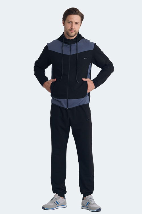 Slazenger KIMO Erkek Fermuarlı Kapüşonlu Cepli Siyah / Koyu Gri Eşofman Takımı