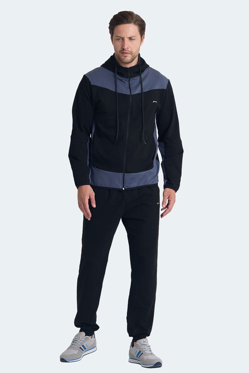 Slazenger KIMO Erkek Fermuarlı Kapüşonlu Cepli Siyah / Koyu Gri Eşofman Takımı