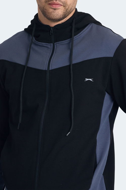 Slazenger KIMO Erkek Fermuarlı Kapüşonlu Cepli Siyah / Koyu Gri Eşofman Takımı