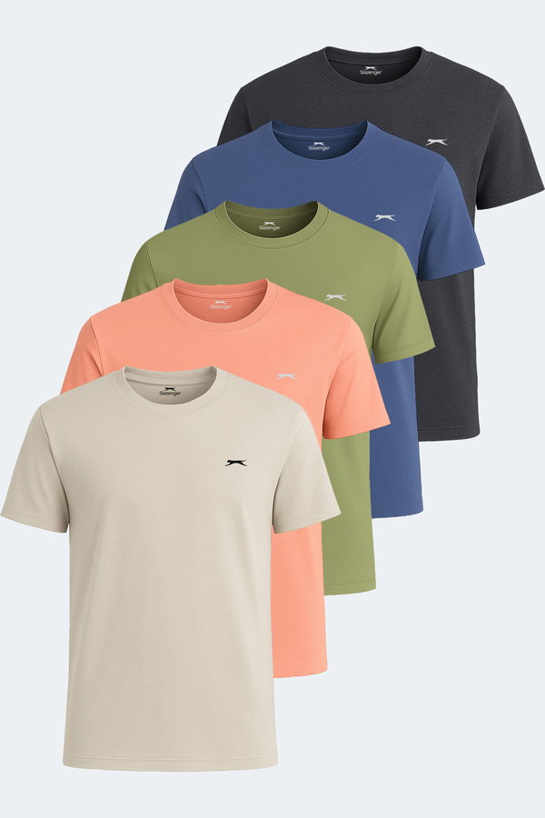 Slazenger KRATER 5 li Set Erkek Somon - Koyu Gri - Indigo - Bej - Açık Yeşil Tişört