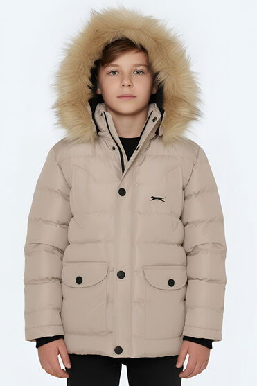 Slazenger NAPOLI Unisex Çocuk Kapüşonlu Şişme Taş Gri Mont & Kaban