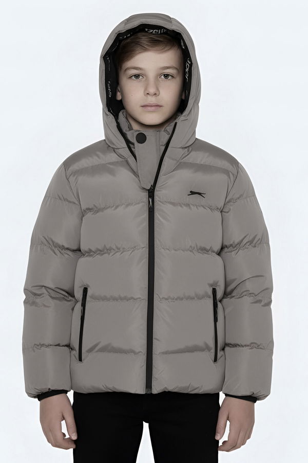 Slazenger NEONS Unisex Çocuk Kapüşonlu Şişme Taş Gri Mont & Kaban