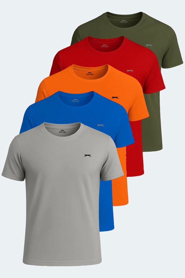 OSWIN 5li Set Erkek Tişört Gri - Haki - Kırmızı - Saks Mavi - Turuncu
