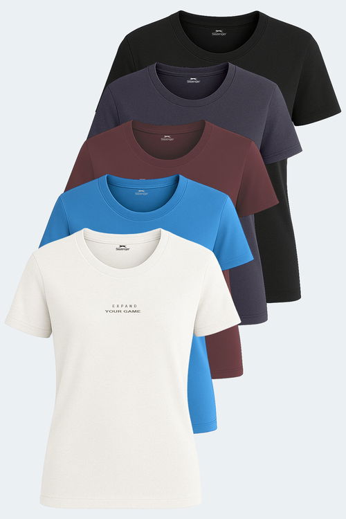PAYTONS 5li Set Kadın Tişört Ekru - Siyah - Koyu Gri - Bordo - Mavi