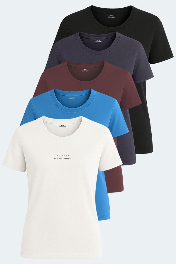 PAYTONS 5li Set Kadın Tişört Ekru - Siyah - Koyu Gri - Bordo - Mavi