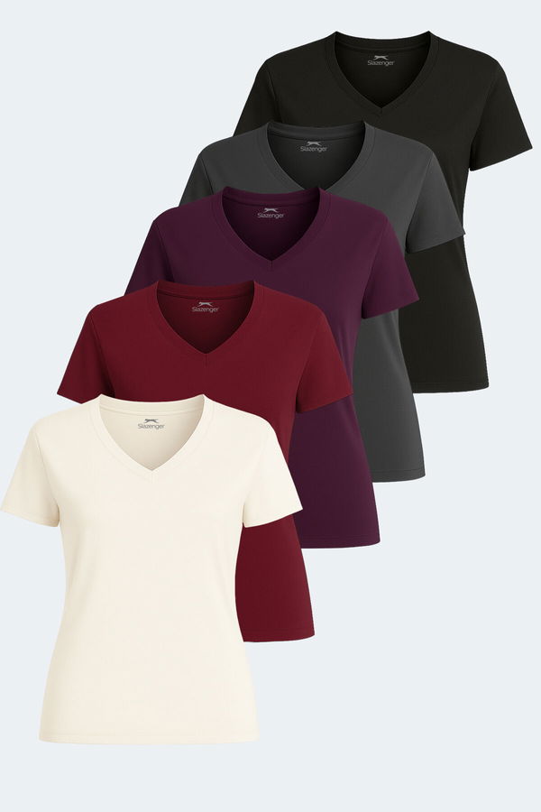 PERICAS 5li Set Kadın Tişört Ekru - Koyu Gri - Siyah - Mürdüm - Bordo