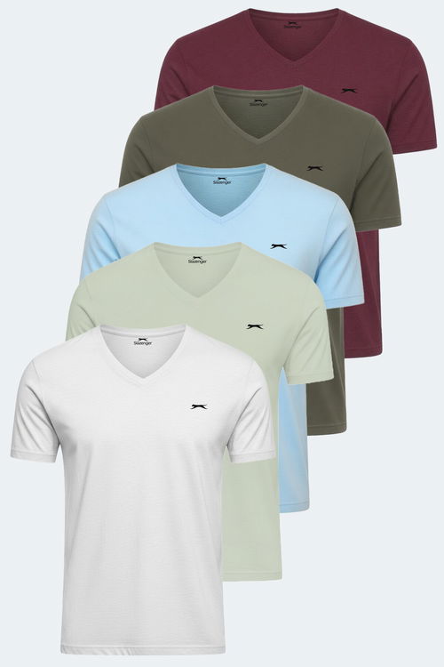 Slazenger RIVALDO 5li Set Erkek Tişört Beyaz - Haki - Bordo - Mavi - Su Yeşili