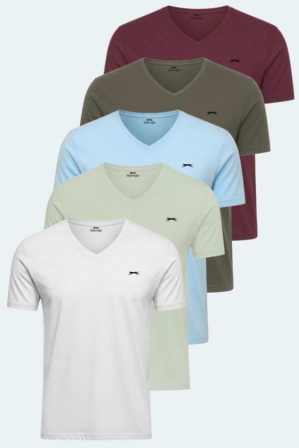 Slazenger RIVALDO 5li Set Erkek Tişört Beyaz - Haki - Bordo - Mavi - Su Yeşili