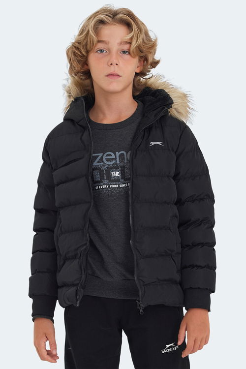 Slazenger CALISTO NEW Unisex Çocuk Kapüşonlu Şişme Siyah Mont & Kaban