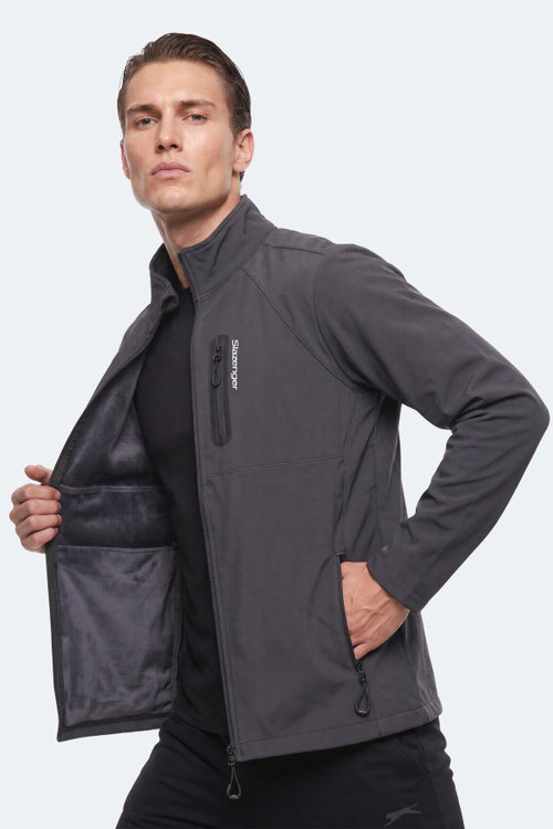 Slazenger CRIMSON I Erkek İçi Polarlı Rüzgar ve Su Geçirmez Softshell Koyu Gri Mont & Kaban