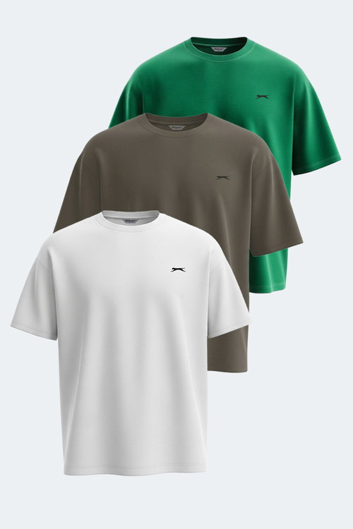 Slazenger KAISER 3 lü Set Erkek Oversıze Beyaz - Haki - Yeşil Tişört