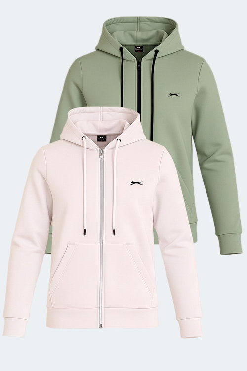 Slazenger KATYA 2 li set Kadın Fermuarlı Kapüşonlu Cepli Ekru - Yeşil Sweatshırt
