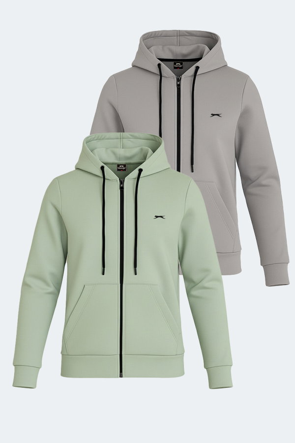 Slazenger KATYA 2 li set Kadın Fermuarlı Kapüşonlu Cepli Gri - Yeşil Sweatshırt