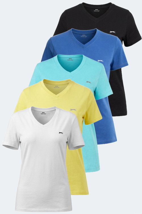 Slazenger KRISTEN 5 Lİ SET Kadın V Yaka Beyaz - Siyah - Sarı - Açık Yeşil - İndigo Tişört
