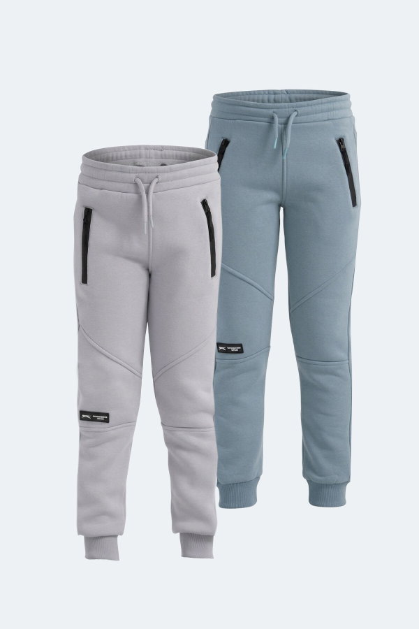 Slazenger LAMYA 2 li Set Erkek Çocuk Fermuar Cepli Taş Gri - Mavi Eşofman Altı