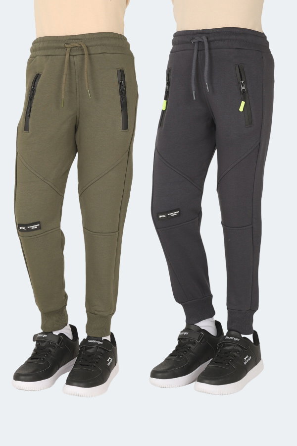 Slazenger LAMYA 2 li Set Unisex Çocuk Fermuar Cepli Haki - Koyu Gri Eşofman Altı