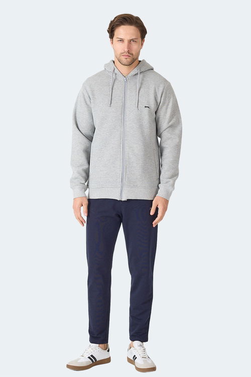 Slazenger MAJESTIC I Erkek Fermuarlı Kapüşonlu Cepli Gri / Beyaz Sweatshırt