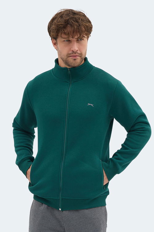 Slazenger MENDOZA I Erkek Fermuarlı Dik Yaka Cepli Koyu Yeşil Sweatshırt