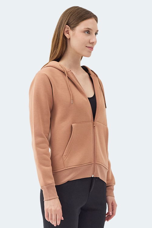 Slazenger MILIO I Kadın Fermuarlı Kapüşonlu Cepli Camel Sweatshirt