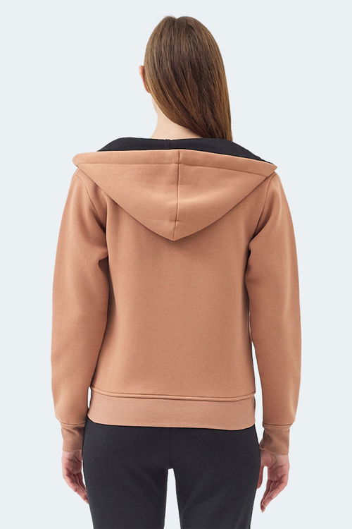 Slazenger MILIO I Kadın Fermuarlı Kapüşonlu Cepli Camel Sweatshirt