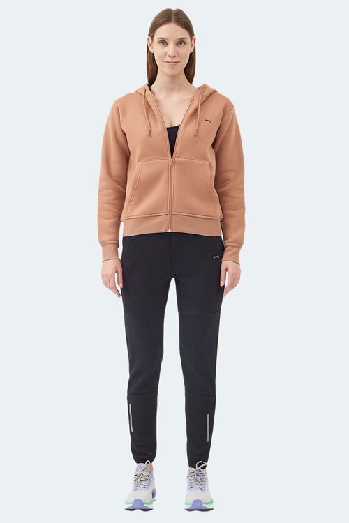 Slazenger MILIO I Kadın Fermuarlı Kapüşonlu Cepli Camel Sweatshirt