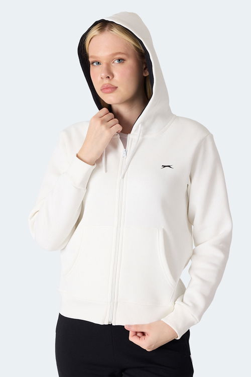 Slazenger MILIO I Kadın Fermuarlı Kapüşonlu Cepli Ekru Sweatshirt
