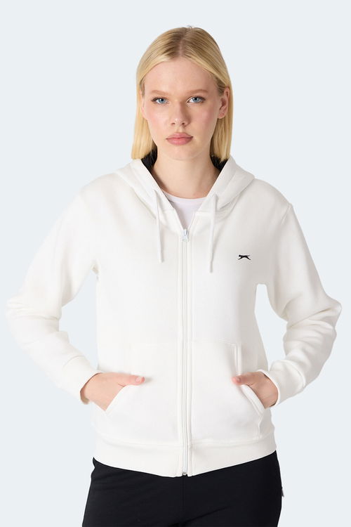 Slazenger MILIO I Kadın Fermuarlı Kapüşonlu Cepli Ekru Sweatshirt