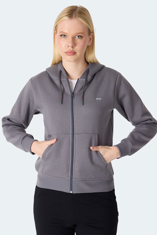 Slazenger MILIO I Kadın Fermuarlı Kapüşonlu Cepli Gri Sweatshirt