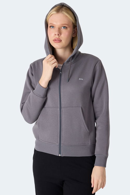 Slazenger MILIO I Kadın Fermuarlı Kapüşonlu Cepli Gri Sweatshirt