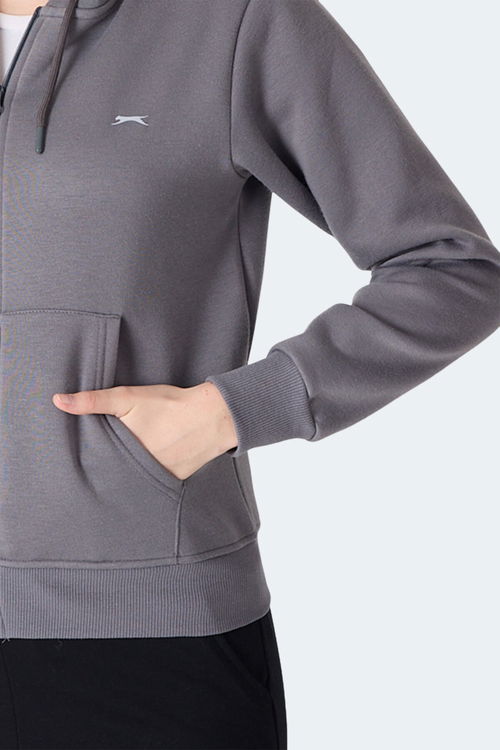 Slazenger MILIO I Kadın Fermuarlı Kapüşonlu Cepli Gri Sweatshirt