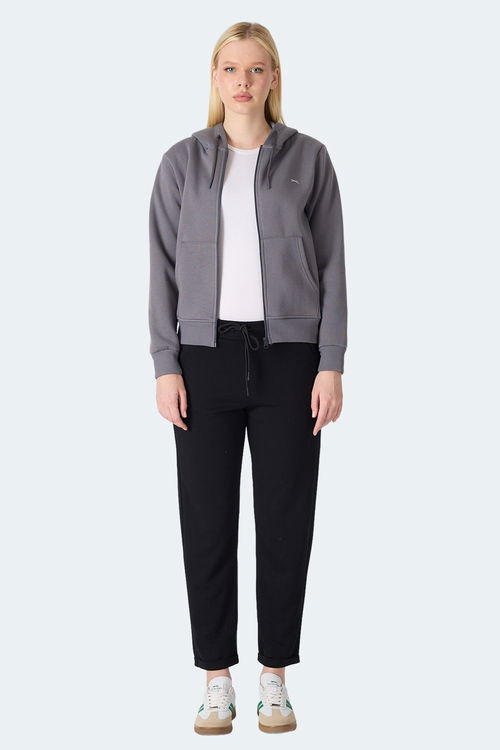 Slazenger MILIO I Kadın Fermuarlı Kapüşonlu Cepli Gri Sweatshirt
