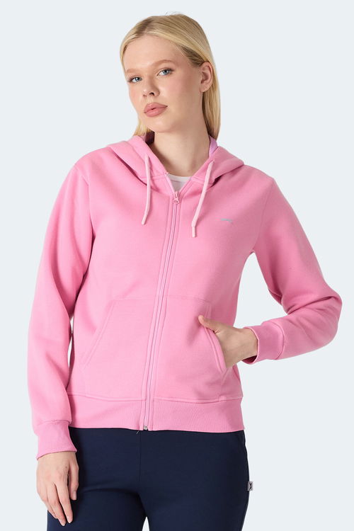Slazenger MILIO I Kadın Fermuarlı Kapüşonlu Cepli Gül Sweatshirt