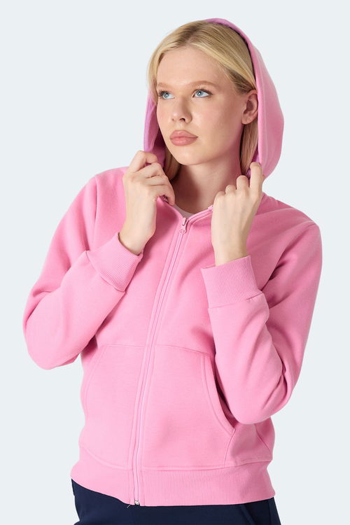 Slazenger MILIO I Kadın Fermuarlı Kapüşonlu Cepli Gül Sweatshirt
