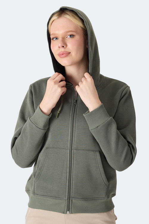 Slazenger MILIO I Kadın Fermuarlı Kapüşonlu Cepli Haki Sweatshirt