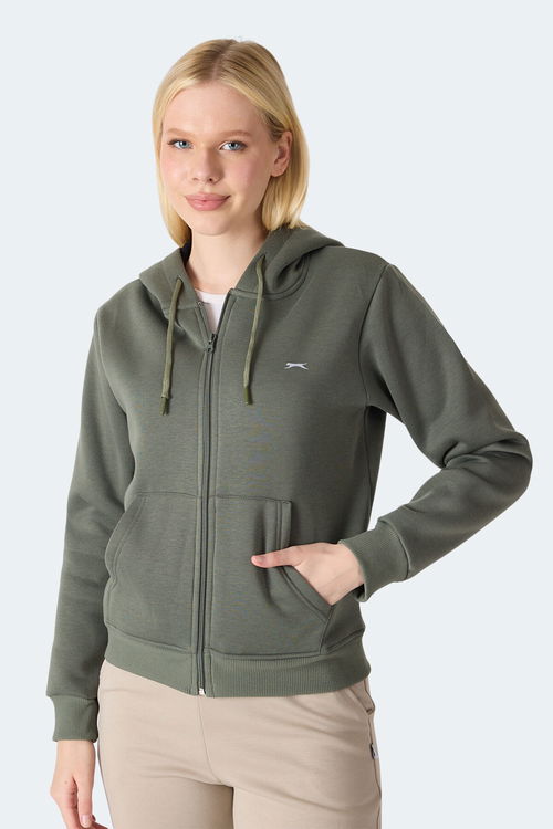 Slazenger MILIO I Kadın Fermuarlı Kapüşonlu Cepli Haki Sweatshirt