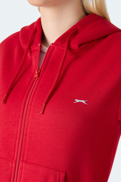 Slazenger MILIO I Kadın Fermuarlı Kapüşonlu Cepli Kırmızı Sweatshirt