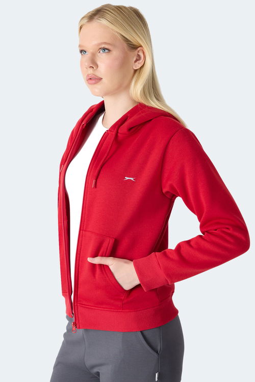 Slazenger MILIO I Kadın Fermuarlı Kapüşonlu Cepli Kırmızı Sweatshirt