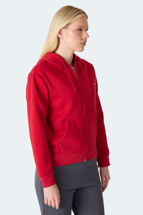 Slazenger MILIO I Kadın Fermuarlı Kapüşonlu Cepli Kırmızı Sweatshirt