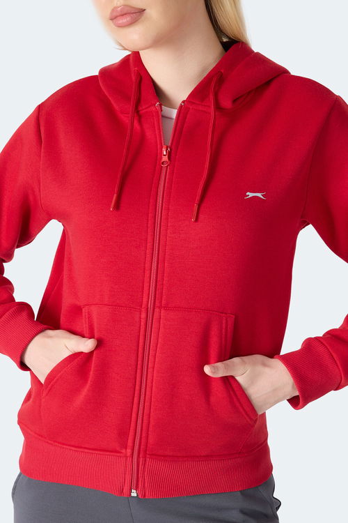 Slazenger MILIO I Kadın Fermuarlı Kapüşonlu Cepli Kırmızı Sweatshirt