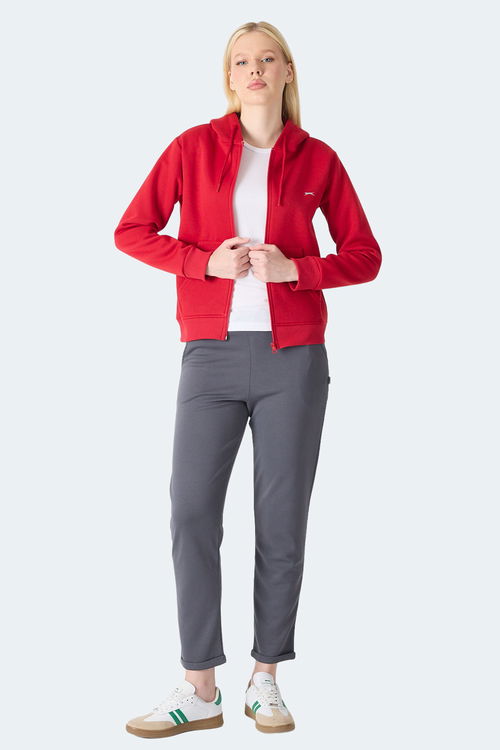 Slazenger MILIO I Kadın Fermuarlı Kapüşonlu Cepli Kırmızı Sweatshirt