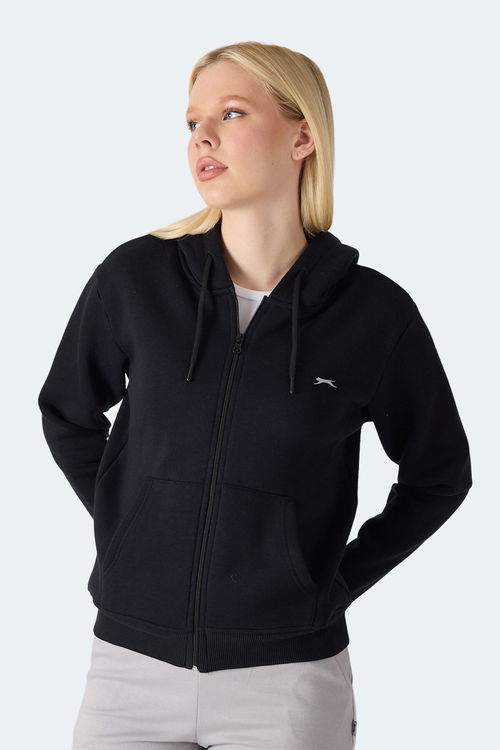 Slazenger MILIO I Kadın Fermuarlı Kapüşonlu Cepli Siyah Sweatshirt