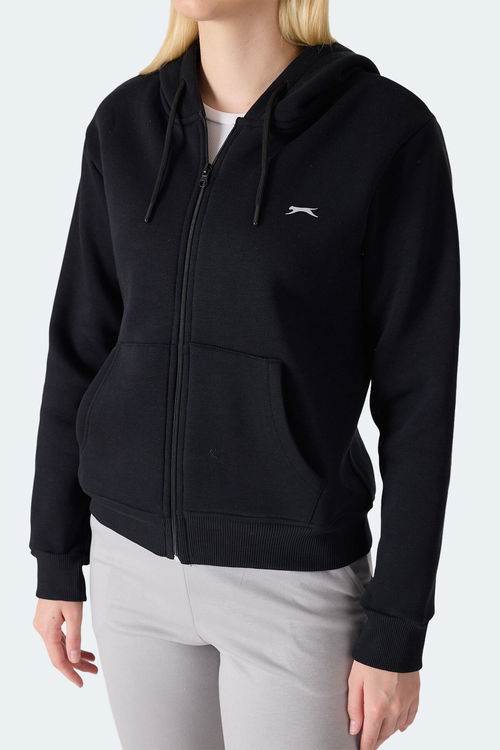 Slazenger MILIO I Kadın Fermuarlı Kapüşonlu Cepli Siyah Sweatshirt