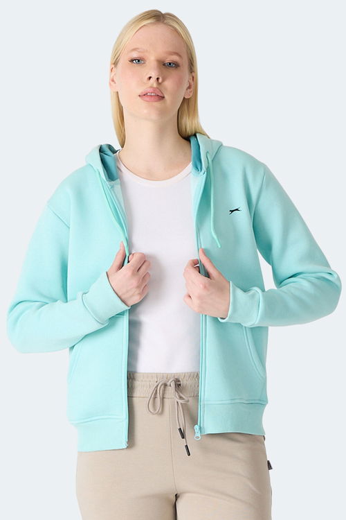 Slazenger MILIO I Kadın Fermuarlı Kapüşonlu Cepli Turkuaz Sweatshirt