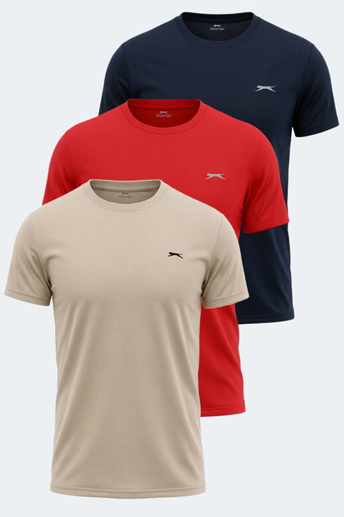 Slazenger OMAR KTN 3 LÜ SET Erkek Ekru - Lacivert - Kırmızı Tişört
