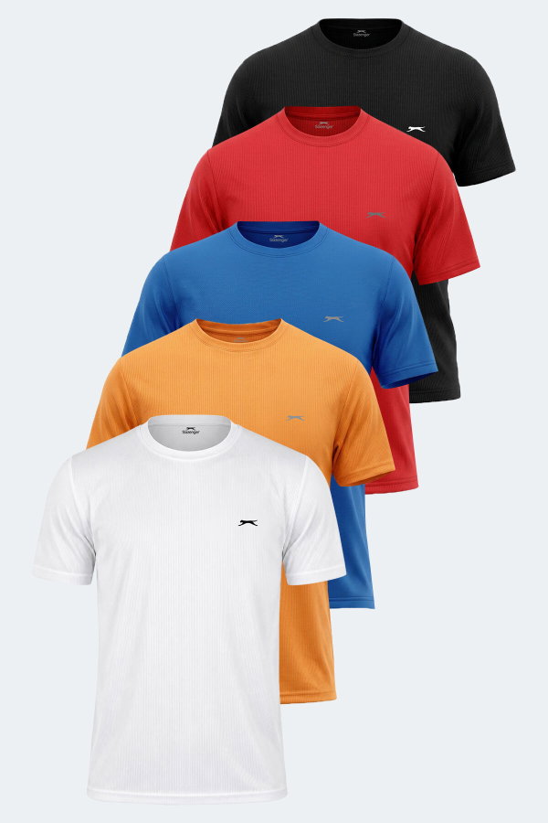 Slazenger OTAR 5 Lİ SET Erkek Beyaz - Siyah - Turuncu - Kırmızı - Saks Mavi Tişört