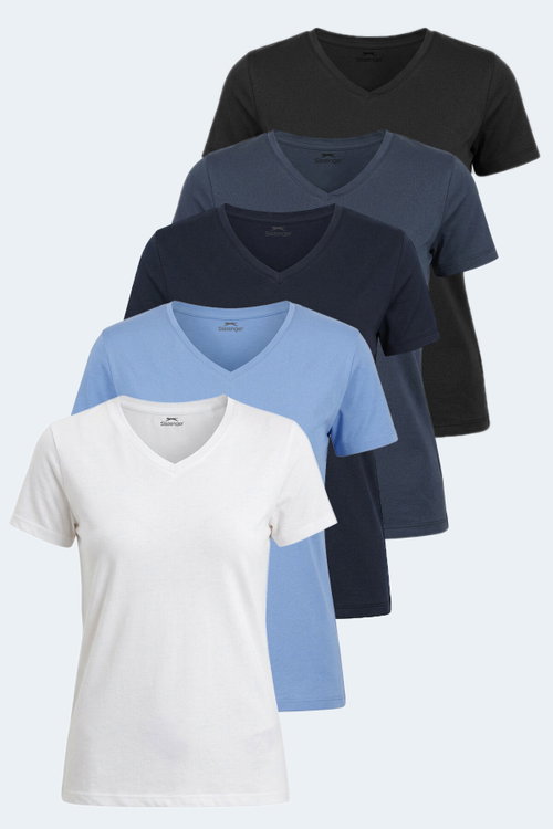 Slazenger PERICAS 5 li Set Kadın Siyah - Ekru - Antrasit - Mavi - Koyu Gri Tişört